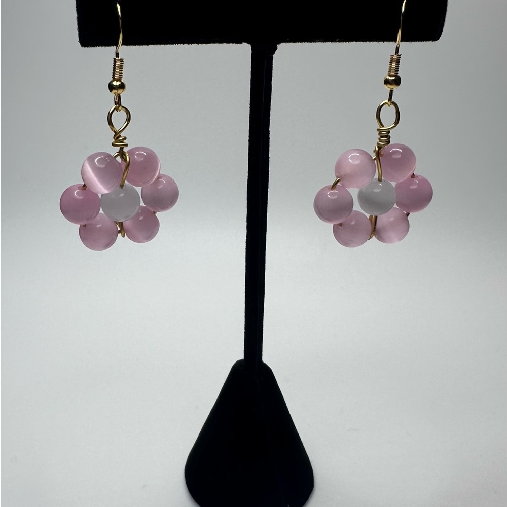 Pink and White Cat-Eye Floral Earrings